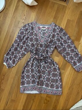 Boden Pink and Green Floral V-Neck Mini Dress